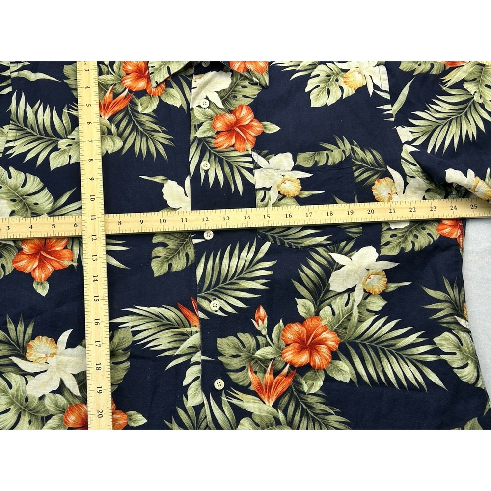Alex Cannon Hawaiian Camp Shirt Large Tropical Floral Linen Rayon Aloha Navy - Picture 5 of 14